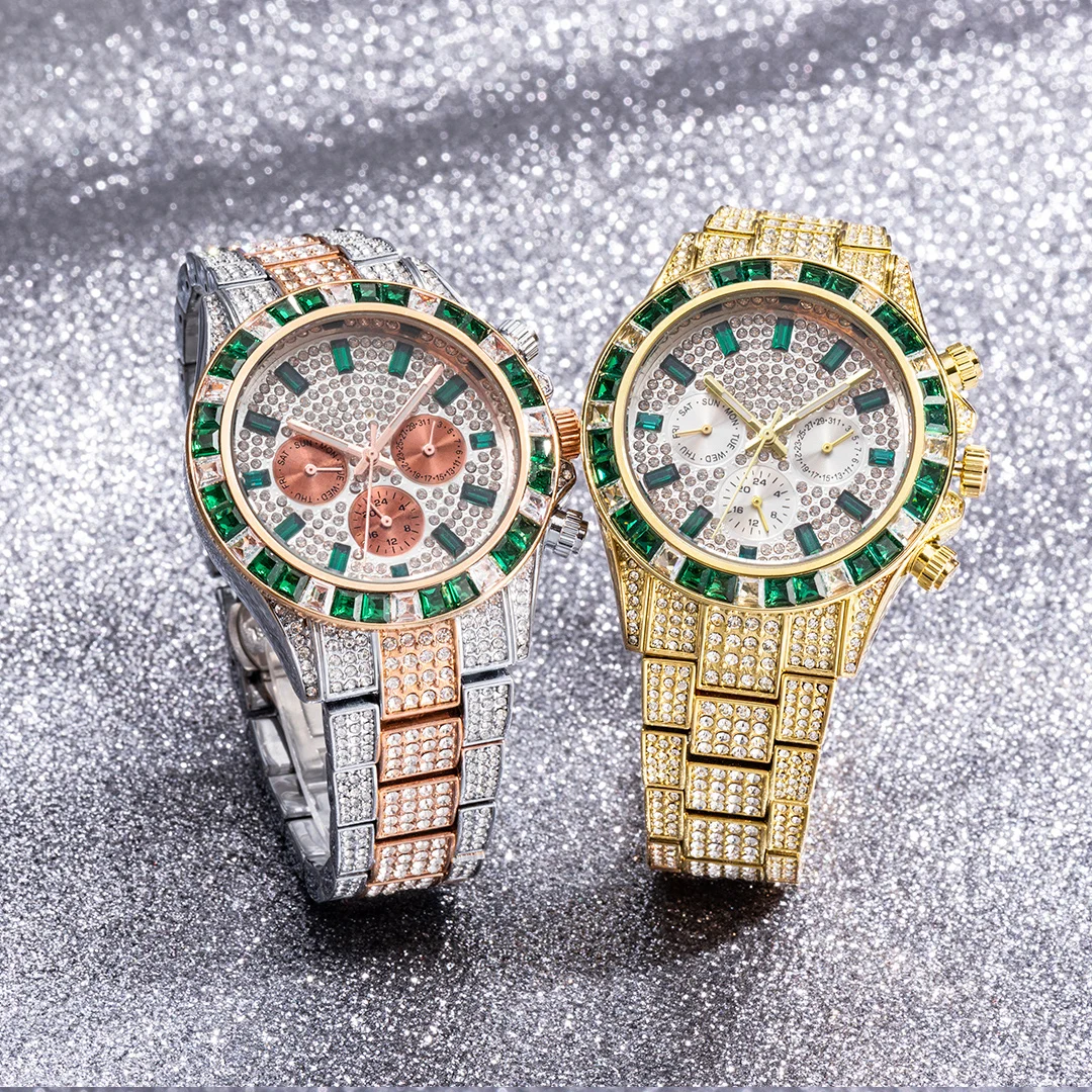 MISSFOX Blingbling Wristwatch For Men Luxury Colour Diamond Calendar Quartz Watch Hip Hop Fashion Waterproof Man Clock Hot Sale