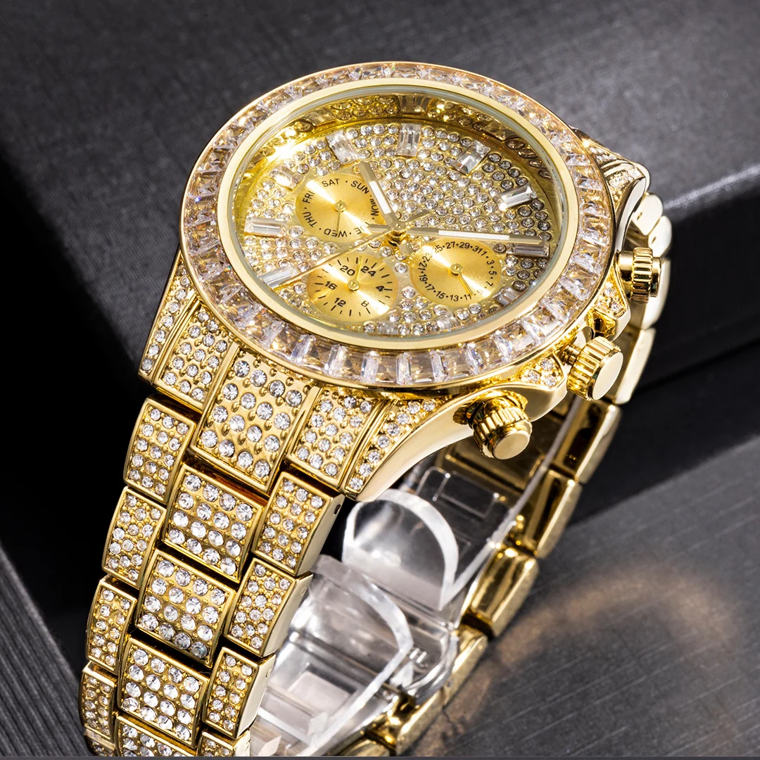 MISSFOX Blingbling Wristwatch For Men Luxury Colour Diamond Calendar Quartz Watch Hip Hop Fashion Waterproof Man Clock Hot Sale