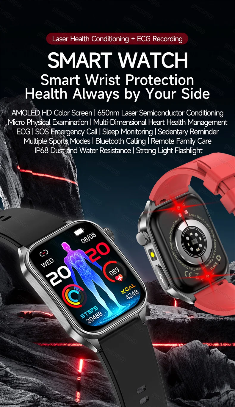 New Health Managed 650nm Laser Smart Watch Sapphire Health Measure Blood Oxygen Pressure Uric Acid Call ECG+PPG Smartwatch Men