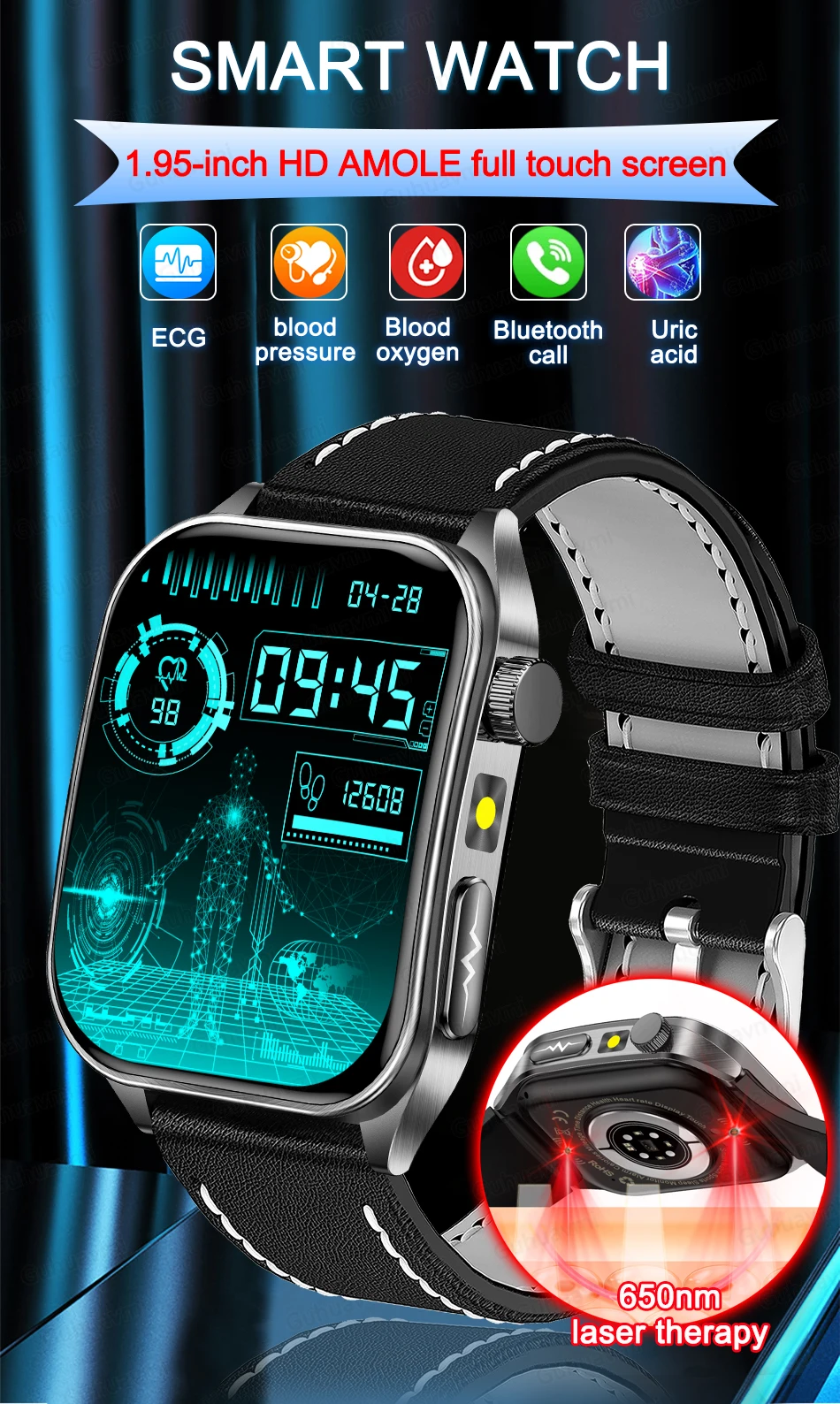 New Health Managed 650nm Laser Smart Watch Sapphire Health Measure Blood Oxygen Pressure Uric Acid Call ECG+PPG Smartwatch Men