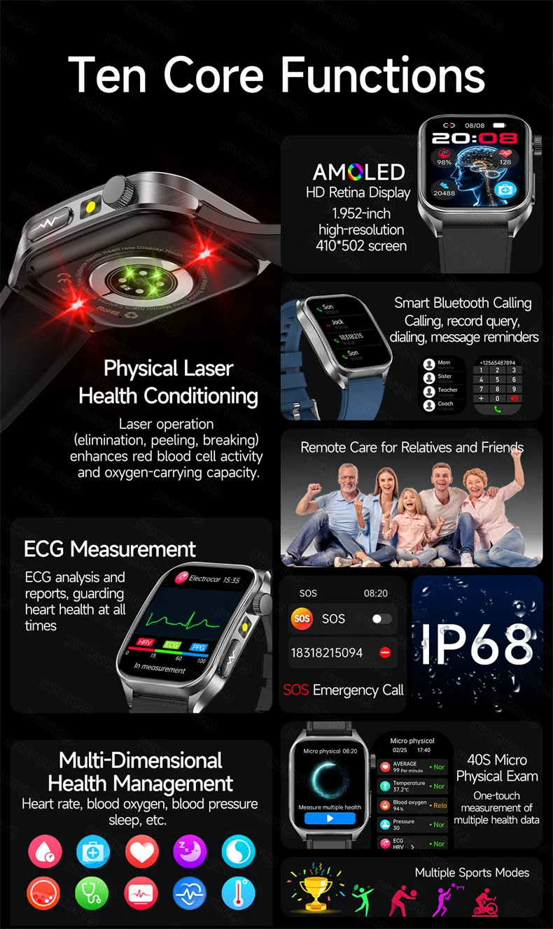 New Health Managed 650nm Laser Smart Watch Sapphire Health Measure Blood Oxygen Pressure Uric Acid Call ECG+PPG Smartwatch Men