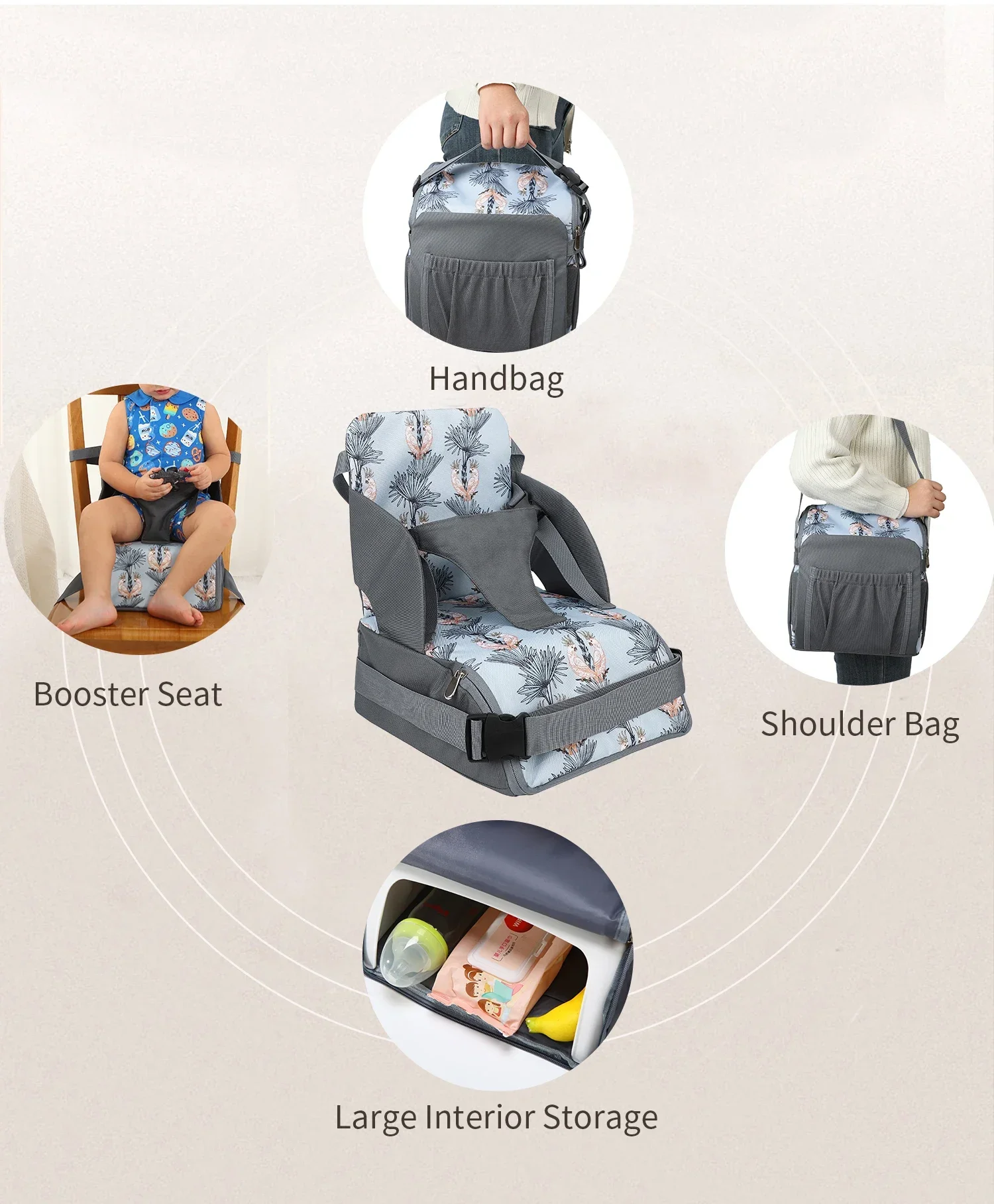 Portable Baby Booster Seat Diaper Bag Travel Toddler Convenient Cushion Kid Chair Washable Straps Safety Buckle Muti-functional