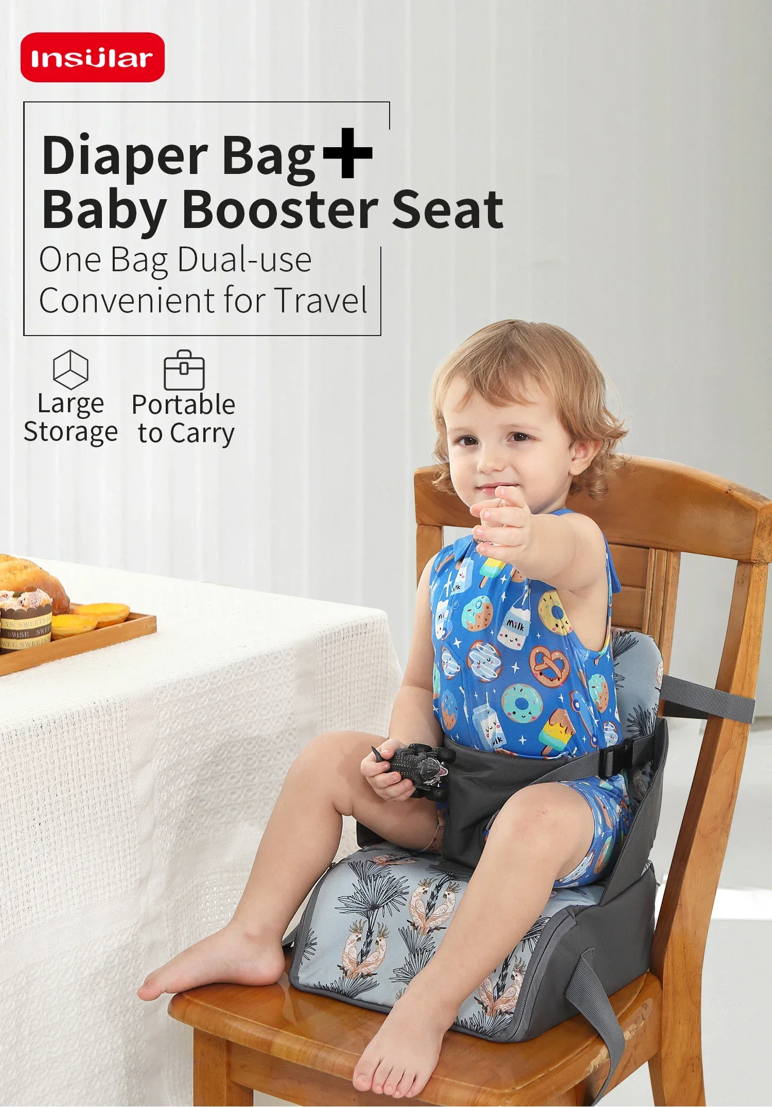 Portable Baby Booster Seat Diaper Bag Travel Toddler Convenient Cushion Kid Chair Washable Straps Safety Buckle Muti-functional