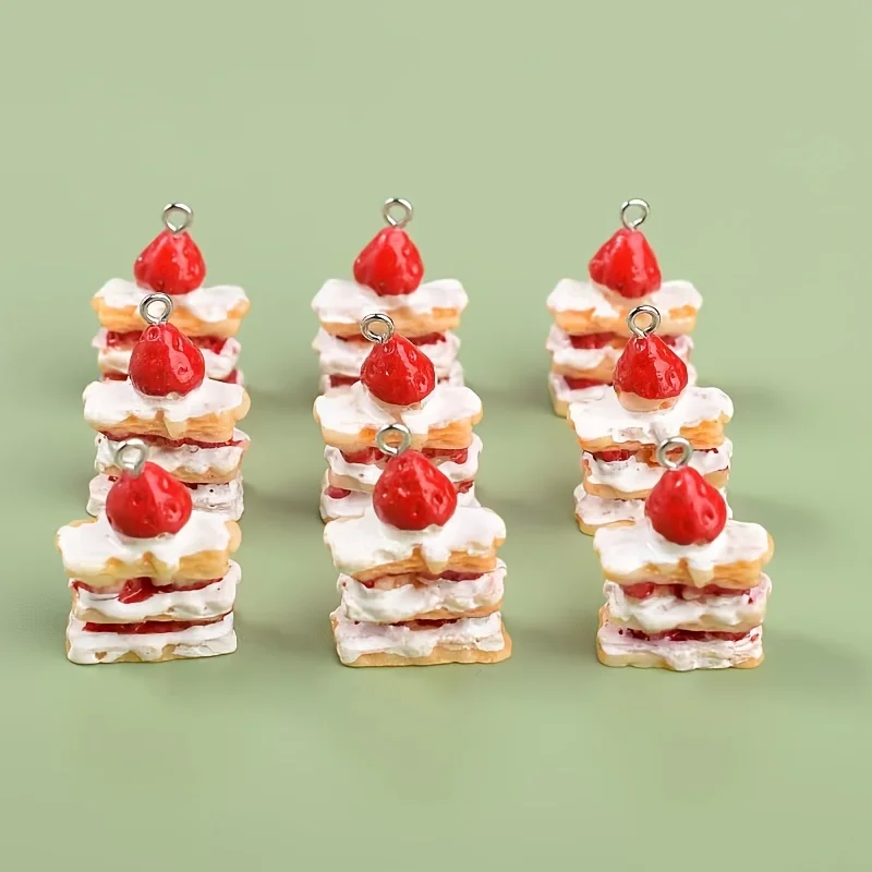 10pcs 3D Strawberry Cake Charms Cute Resin Pendants for Jewelry Making Handmade Earrings Bracelet Necklace Key Chain Accessories