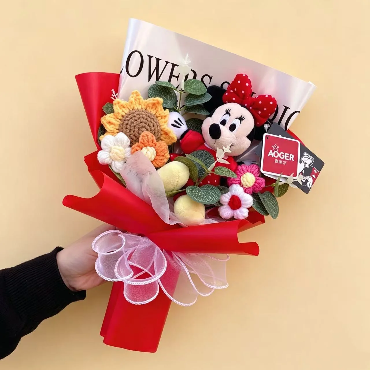 Catoon Micky Mouse Minnie Plush Doll Toy With Flowers Creative Handmade Bouquet Valentine Christmas Graduation Gift For Kids