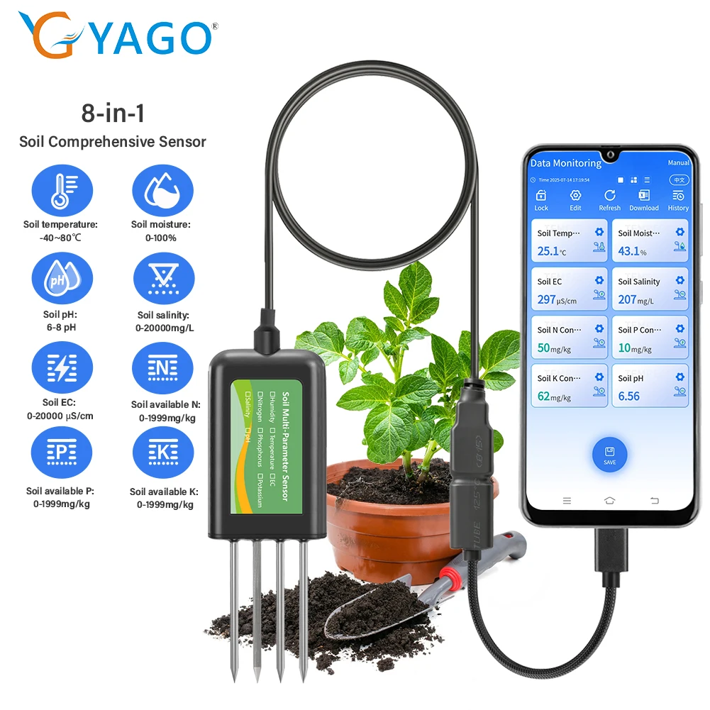 YAGO Soil Sensor 8 in 1 for Agriculture pH EC Moisture NPK Tester Android/HarmonyOS USB Smart Soil Meter for Precision Farming