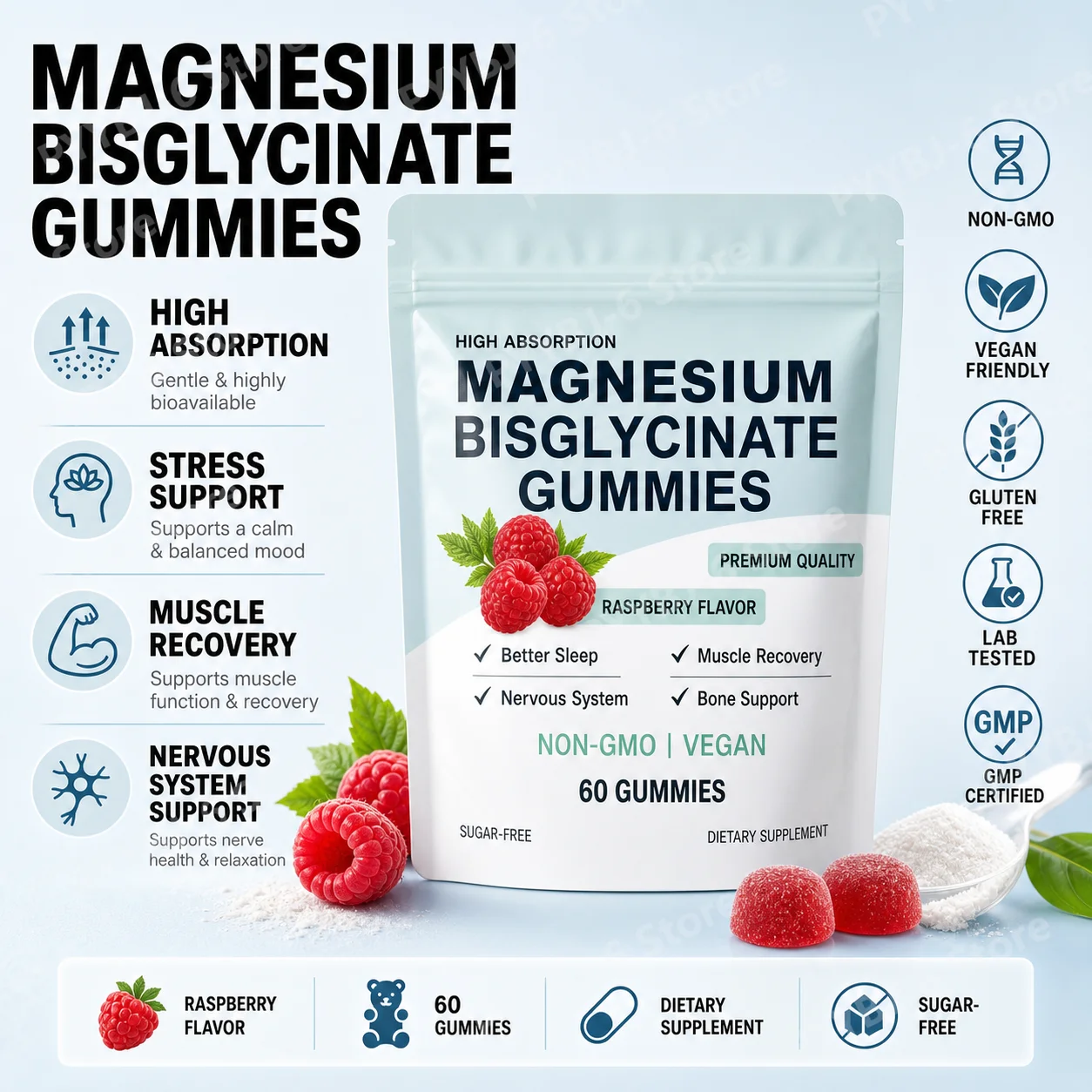 Magnesium Bisglycinate Gummies High Absorption Vegan Raspberry Flavor 60 Count Support Muscle Bone Health Non GMO Gluten Free