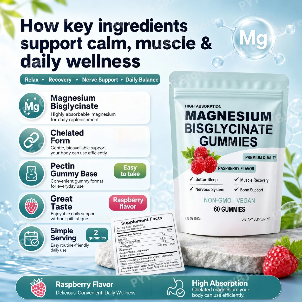 Magnesium Bisglycinate Gummies High Absorption Vegan Raspberry Flavor 60 Count Support Muscle Bone Health Non GMO Gluten Free