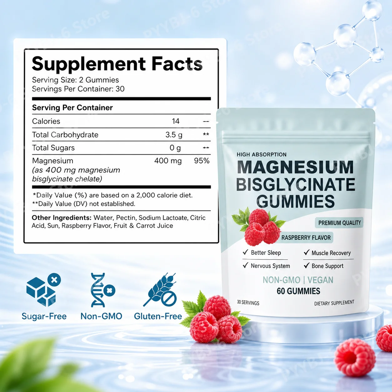 Magnesium Bisglycinate Gummies High Absorption Vegan Raspberry Flavor 60 Count Support Muscle Bone Health Non GMO Gluten Free