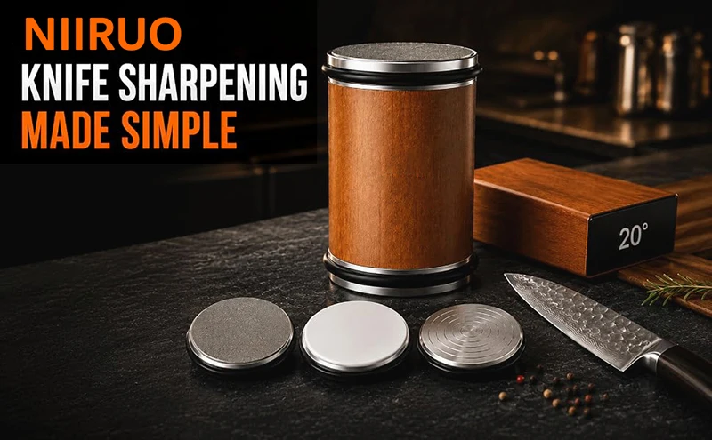 Niiruo Rolling Knife Sharpener Double Sided Diamond Sharpening Stone 15/20° Degree Magnetic Angle Roller Sharpening for Kitchen