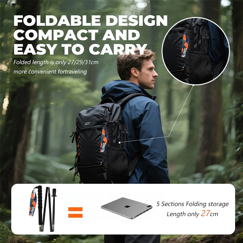 T800 Pure Carbon Fiber Trekking Poles Ultralight Weight Hiking Sticks Outdoor City Running Poles Walking Stick Folding Easy-take