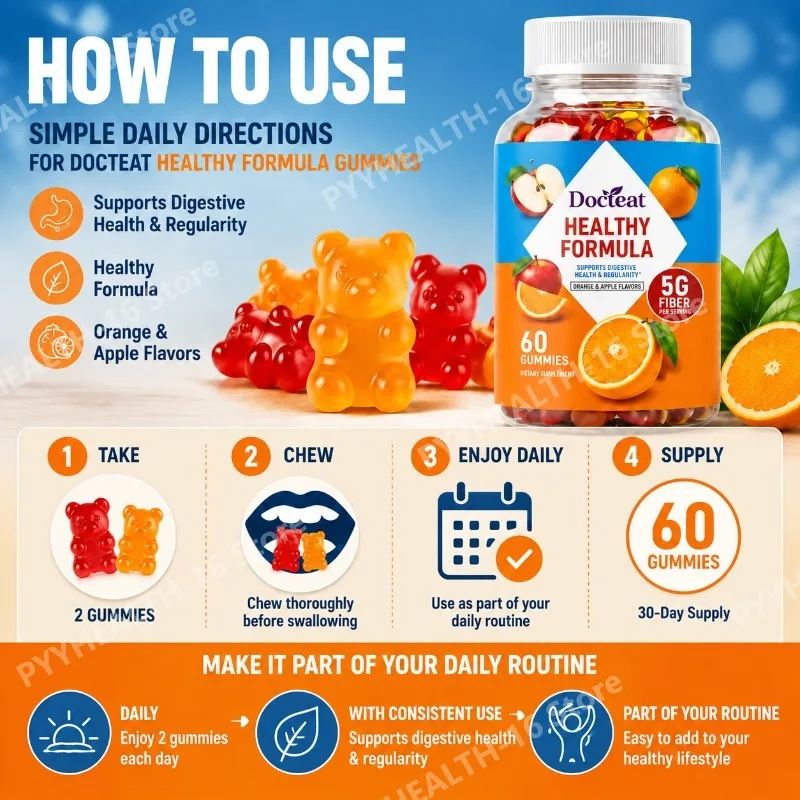 Docteat Healthy Formula Fiber Gummies 5G Fiber Per Serving, Orange & Apple Flavor for Digestive Health & Regularity, 60 Gummies