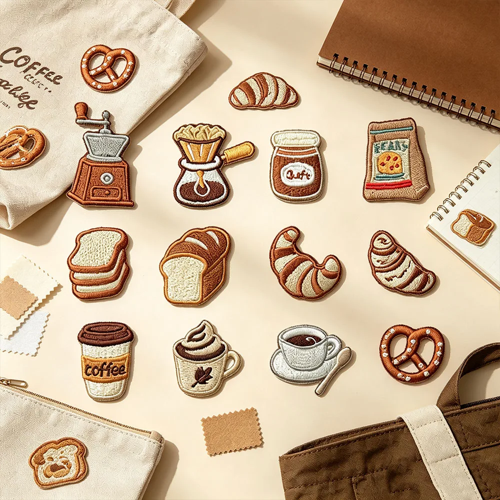 2-12pcs Coffee Bread Embroidery Patches Iron‑on Mini Food Applique for Clothing Backpack Notebook Jeans DIY Sewing Decor