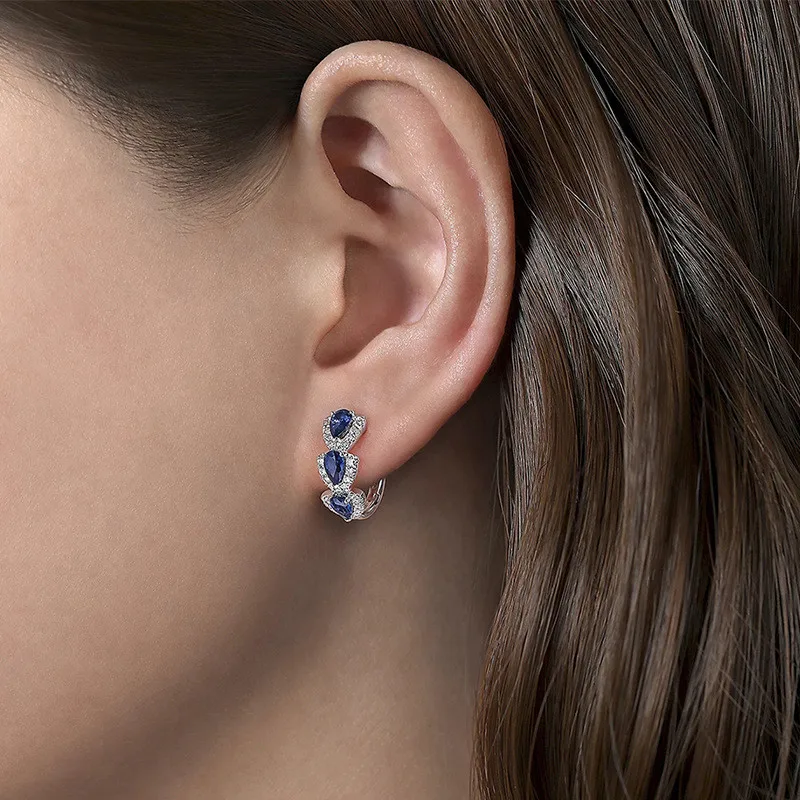 925 Sterling Silver Luxury Trendy Blue Cubic Zirconia Hoop Earrings Wedding Party Elegant Accessories for Women Jewelry Gift