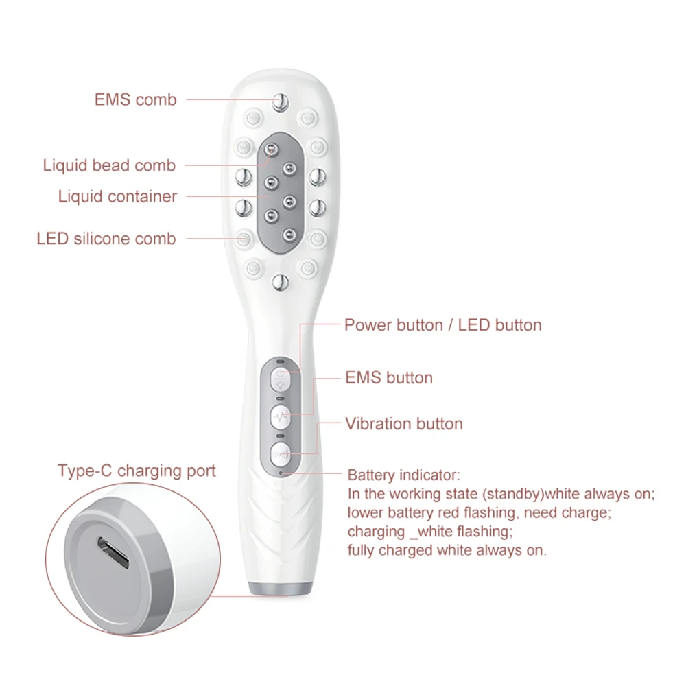 Electric Hair Growth Comb Oil Applicator Red Blue LED Vibration Head Massage Brush Comb EMS Stimulates Scalp Anti-Hair Loss