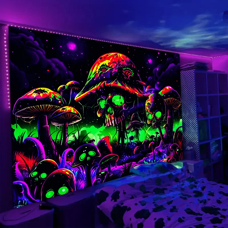 VIKAMA Psychedelic Skull Mushroom Tapestry Gradient Music Party Room Psychedelic Theme Unique Living Room Decor