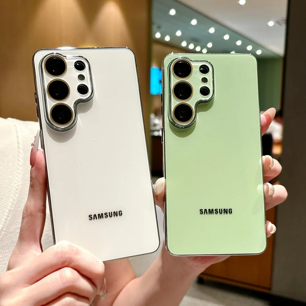 Luxury Solid Color Glass Phone Case For Samsung S26 S25 Ultra S24 FE S23Ultra Plating TPU Bumper Frame Lens Protection Cover