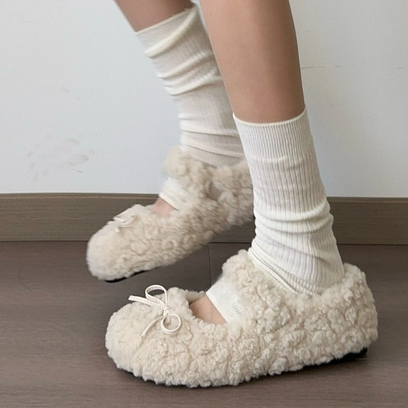 Short Plush Women Flats Loafers Shoes Comfort Round Toe Soft Sole Shoes Autumn Winter Outdoor Warm Cotton Grandma's Shoes