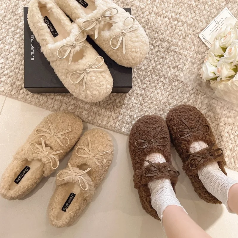 Design Lambwool Women Flats Mary Jane Shoes Fashion Butterfly-knot Slip On Shoes Warm Cartoon House Shoes For Winter