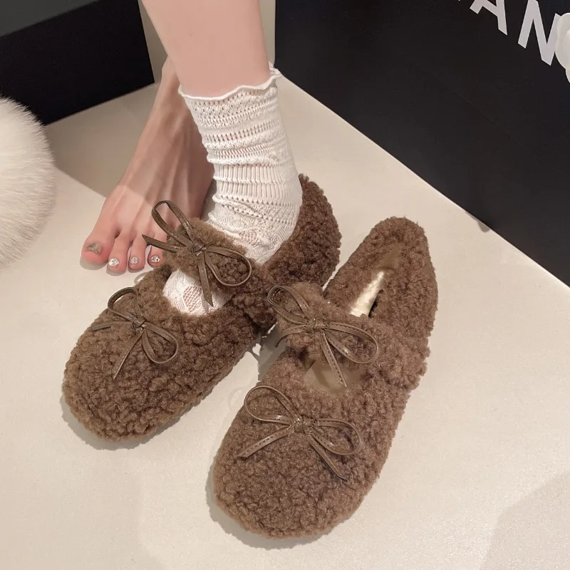 Design Lambwool Women Flats Mary Jane Shoes Fashion Butterfly-knot Slip On Shoes Warm Cartoon House Shoes For Winter
