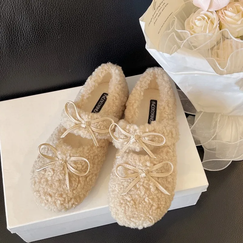 Design Lambwool Women Flats Mary Jane Shoes Fashion Butterfly-knot Slip On Shoes Warm Cartoon House Shoes For Winter