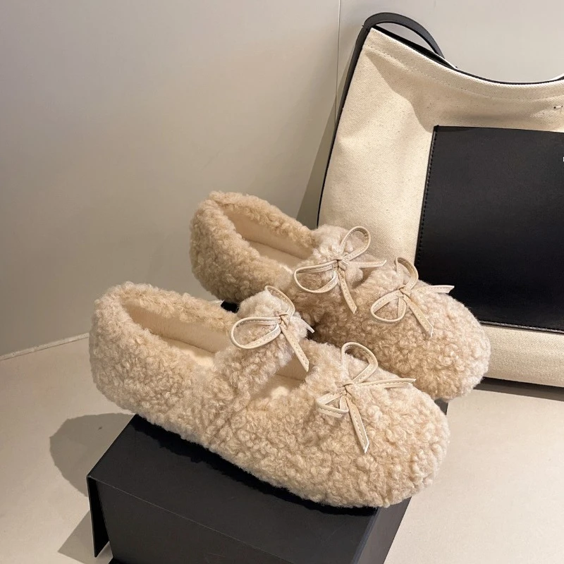 Design Lambwool Women Flats Mary Jane Shoes Fashion Butterfly-knot Slip On Shoes Warm Cartoon House Shoes For Winter