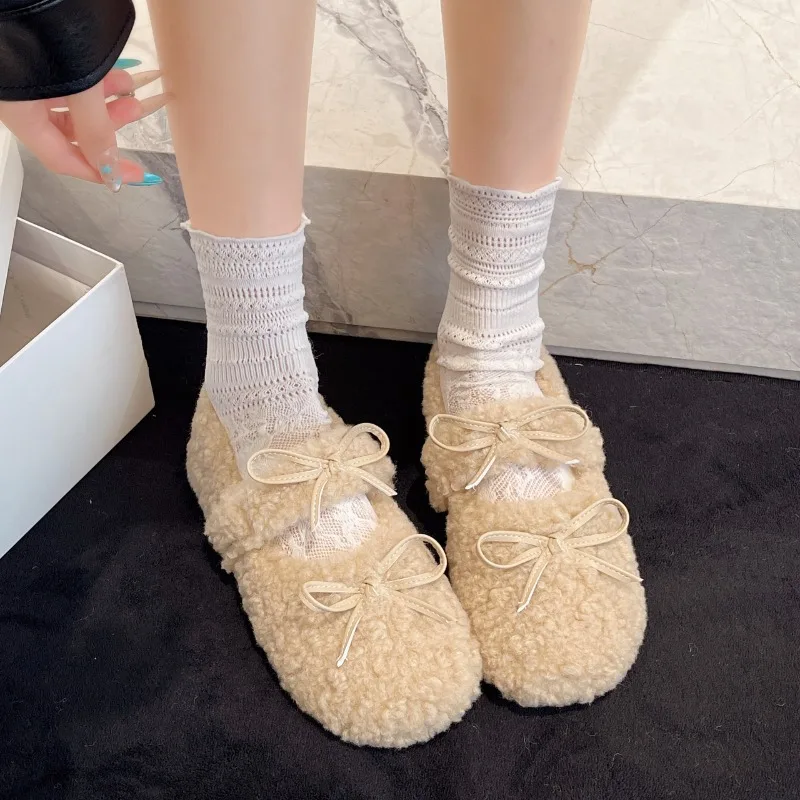 Design Lambwool Women Flats Mary Jane Shoes Fashion Butterfly-knot Slip On Shoes Warm Cartoon House Shoes For Winter