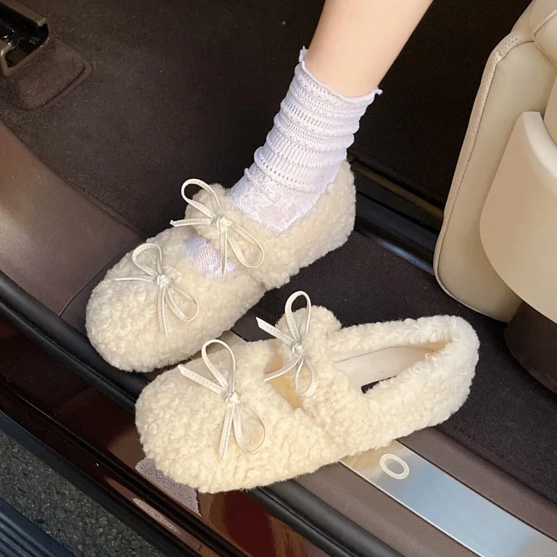 Design Lambwool Women Flats Mary Jane Shoes Fashion Butterfly-knot Slip On Shoes Warm Cartoon House Shoes For Winter