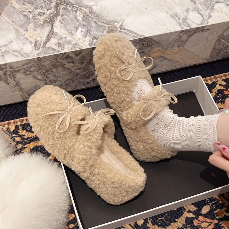 Design Lambwool Women Flats Mary Jane Shoes Fashion Butterfly-knot Slip On Shoes Warm Cartoon House Shoes For Winter