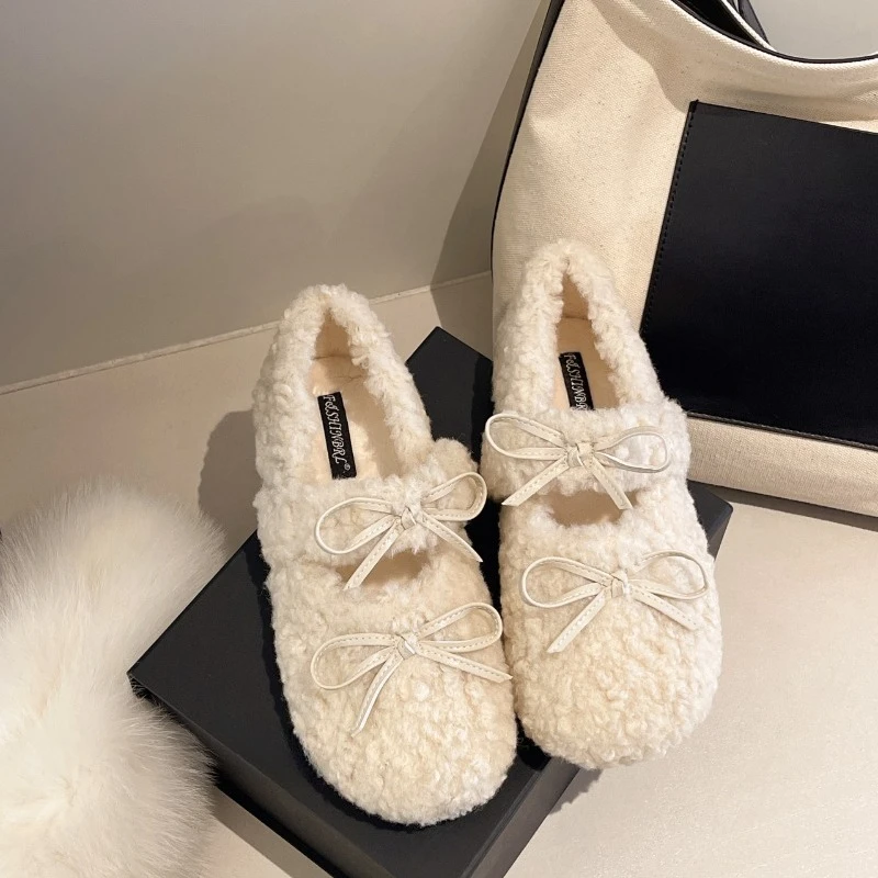 Design Lambwool Women Flats Mary Jane Shoes Fashion Butterfly-knot Slip On Shoes Warm Cartoon House Shoes For Winter