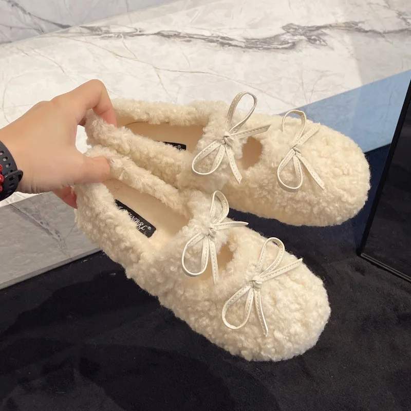 Design Lambwool Women Flats Mary Jane Shoes Fashion Butterfly-knot Slip On Shoes Warm Cartoon House Shoes For Winter