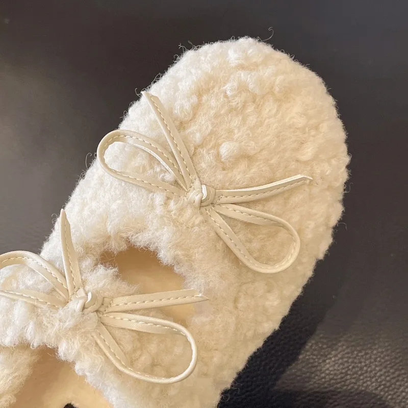 Design Lambwool Women Flats Mary Jane Shoes Fashion Butterfly-knot Slip On Shoes Warm Cartoon House Shoes For Winter