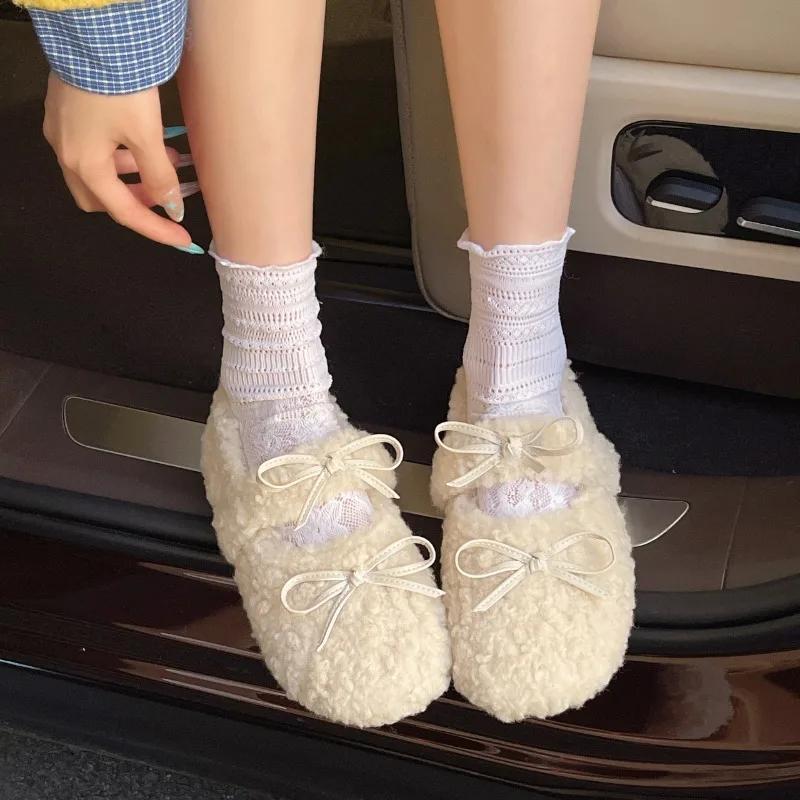 Design Lambwool Women Flats Mary Jane Shoes Fashion Butterfly-knot Slip On Shoes Warm Cartoon House Shoes For Winter