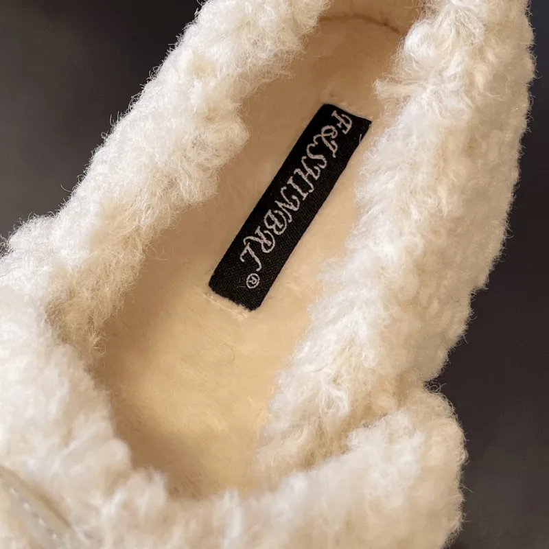 Design Lambwool Women Flats Mary Jane Shoes Fashion Butterfly-knot Slip On Shoes Warm Cartoon House Shoes For Winter