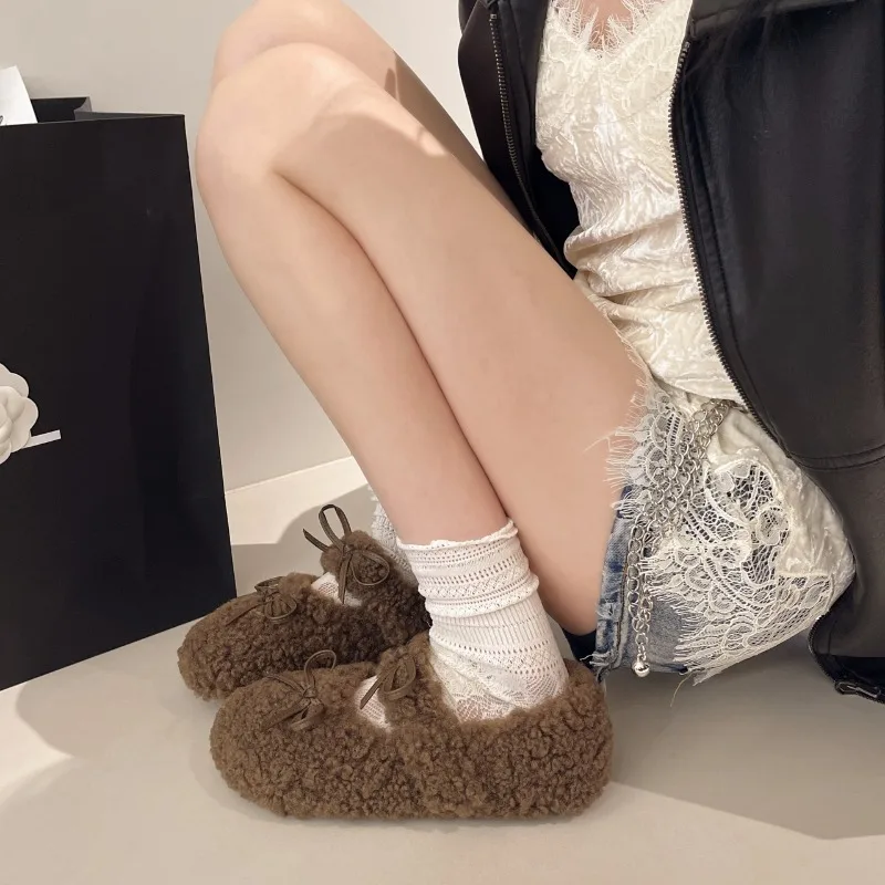 Design Lambwool Women Flats Mary Jane Shoes Fashion Butterfly-knot Slip On Shoes Warm Cartoon House Shoes For Winter