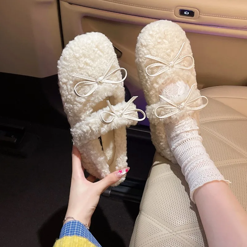 Design Lambwool Women Flats Mary Jane Shoes Fashion Butterfly-knot Slip On Shoes Warm Cartoon House Shoes For Winter