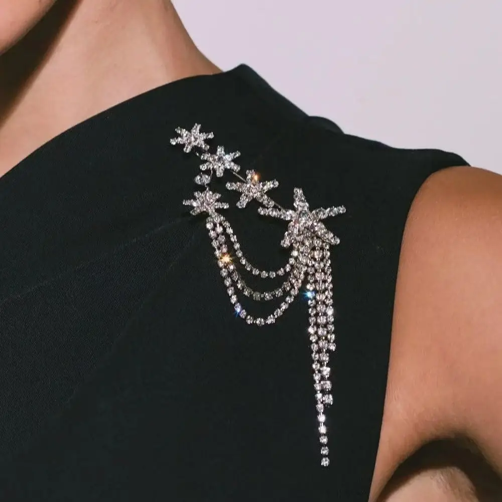 Luxury Crystal Star Tassel Brooch Jewelry for Women Dress Sparkling Rhinestone Shoulder Pin for Wedding & Evening Party Giftt