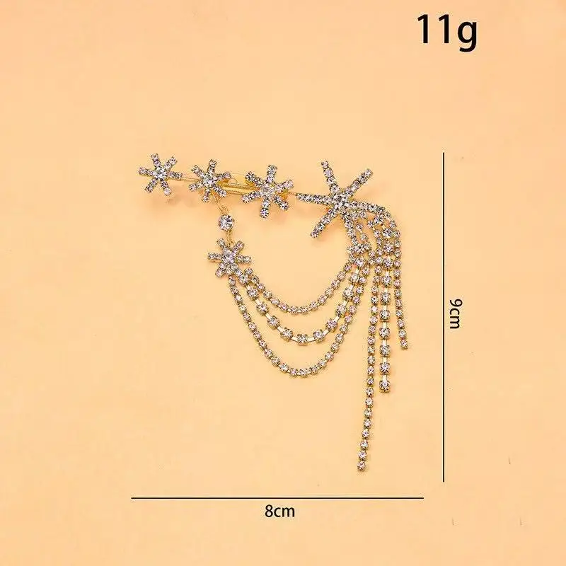 Luxury Crystal Star Tassel Brooch Jewelry for Women Dress Sparkling Rhinestone Shoulder Pin for Wedding & Evening Party Giftt