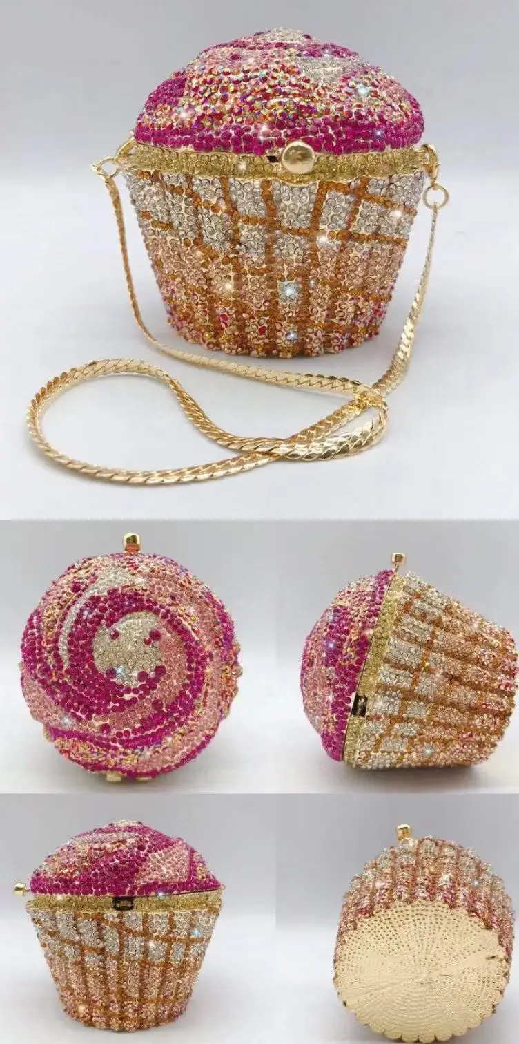 XIYUAN Cake Cup Diamond Handbags Metal Chain Evening Bag Crystal Banquet Clutch Purse Bag Luxury Designer Dress Women's Bag