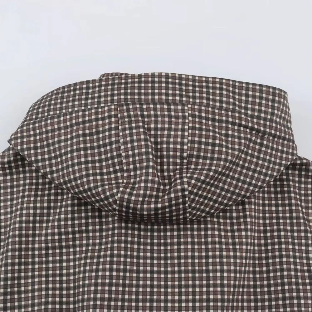 Minimalist Autumn Winter Jacket Women Coat Plaid Hooded Windbreaker Drawstring Waist Loose Mid Casual Outerwear Jacket Female