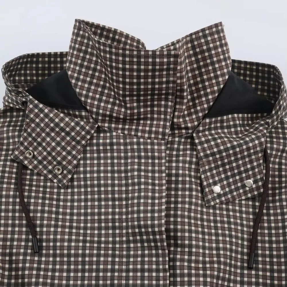 Minimalist Autumn Winter Jacket Women Coat Plaid Hooded Windbreaker Drawstring Waist Loose Mid Casual Outerwear Jacket Female