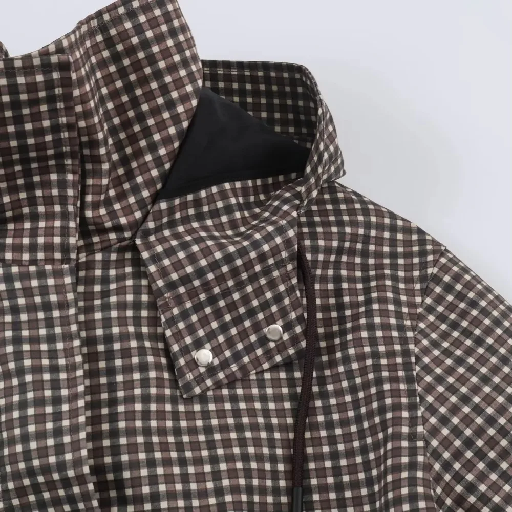 Minimalist Autumn Winter Jacket Women Coat Plaid Hooded Windbreaker Drawstring Waist Loose Mid Casual Outerwear Jacket Female
