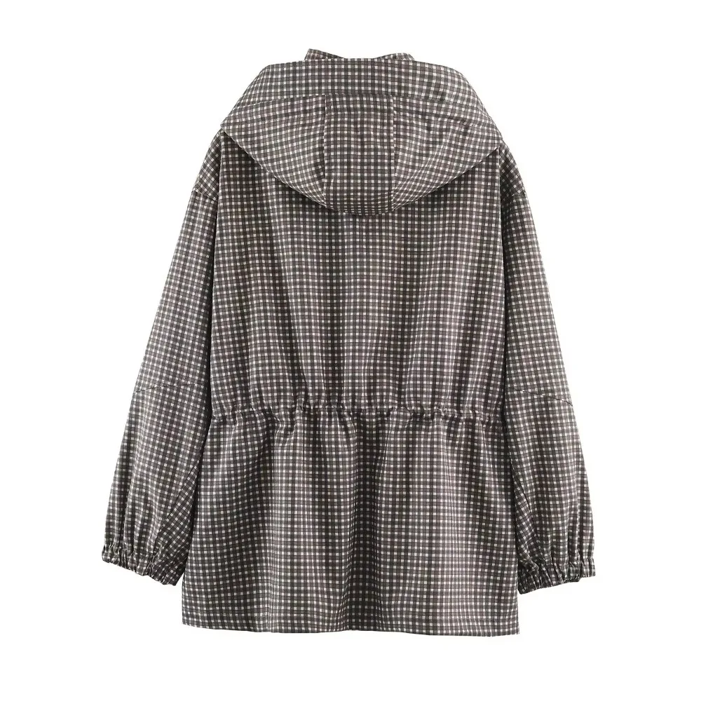 Minimalist Autumn Winter Jacket Women Coat Plaid Hooded Windbreaker Drawstring Waist Loose Mid Casual Outerwear Jacket Female