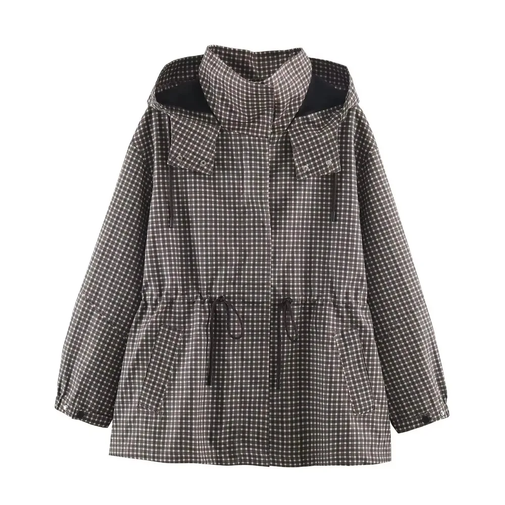 Minimalist Autumn Winter Jacket Women Coat Plaid Hooded Windbreaker Drawstring Waist Loose Mid Casual Outerwear Jacket Female
