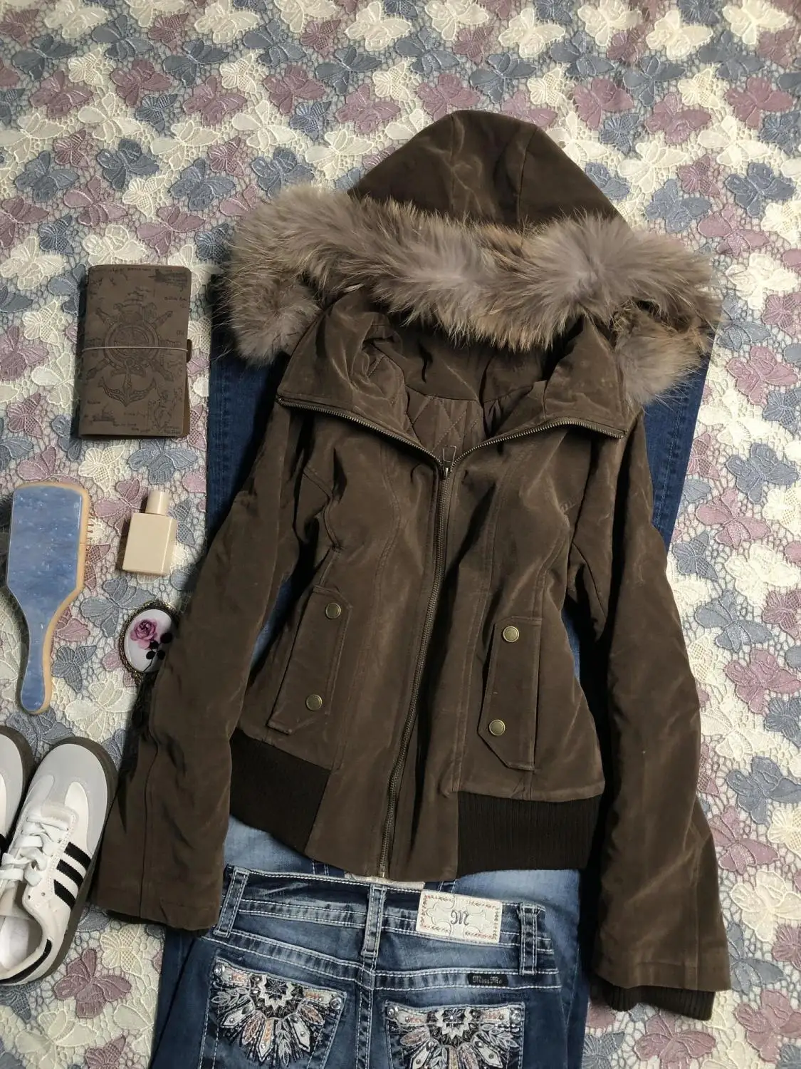 American Vintage Harajuku Jacket Women Slim Brown Fur Collar Hooded Short Coat Winter Gothic Casual Streetwear Fashion Outfit