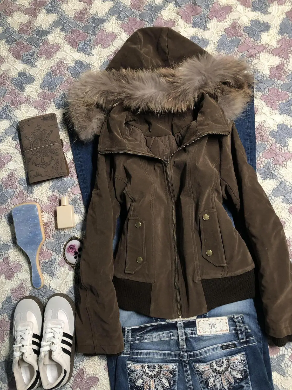 American Vintage Harajuku Jacket Women Slim Brown Fur Collar Hooded Short Coat Winter Gothic Casual Streetwear Fashion Outfit