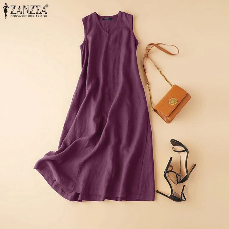 ZANZEA Summer Women's Sleeveless Maxi Dress V-Neck Solid Color Cotton Sundress Casual Loose A-Line Long Dress Woman Clothes 5XL
