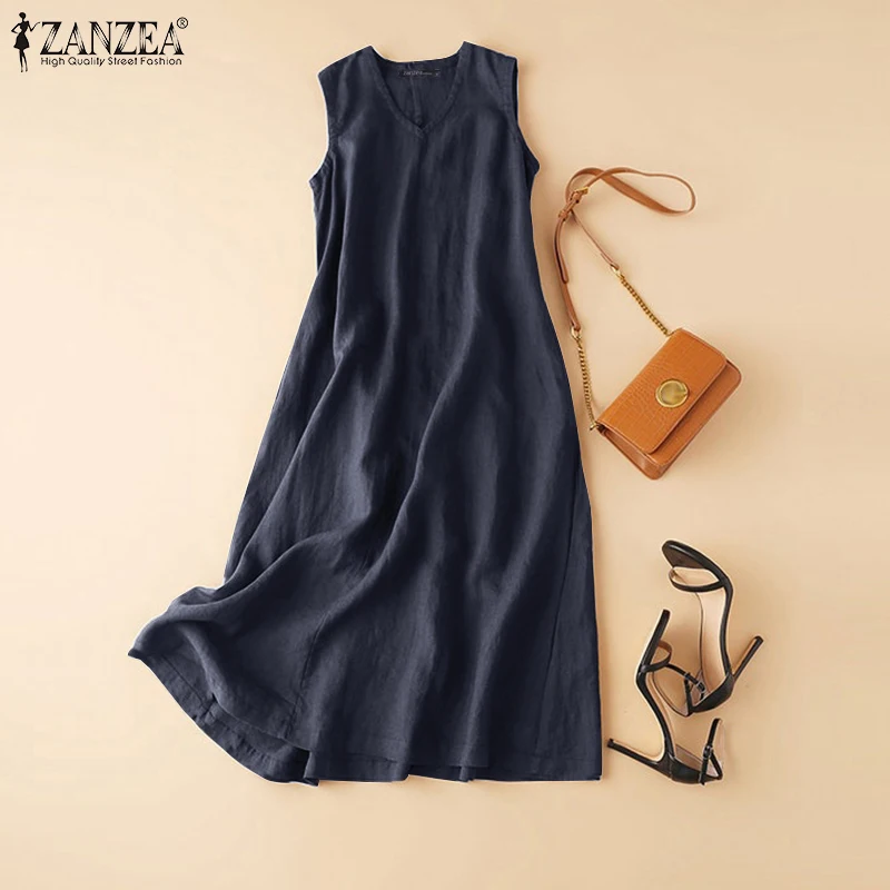 ZANZEA Summer Women's Sleeveless Maxi Dress V-Neck Solid Color Cotton Sundress Casual Loose A-Line Long Dress Woman Clothes 5XL
