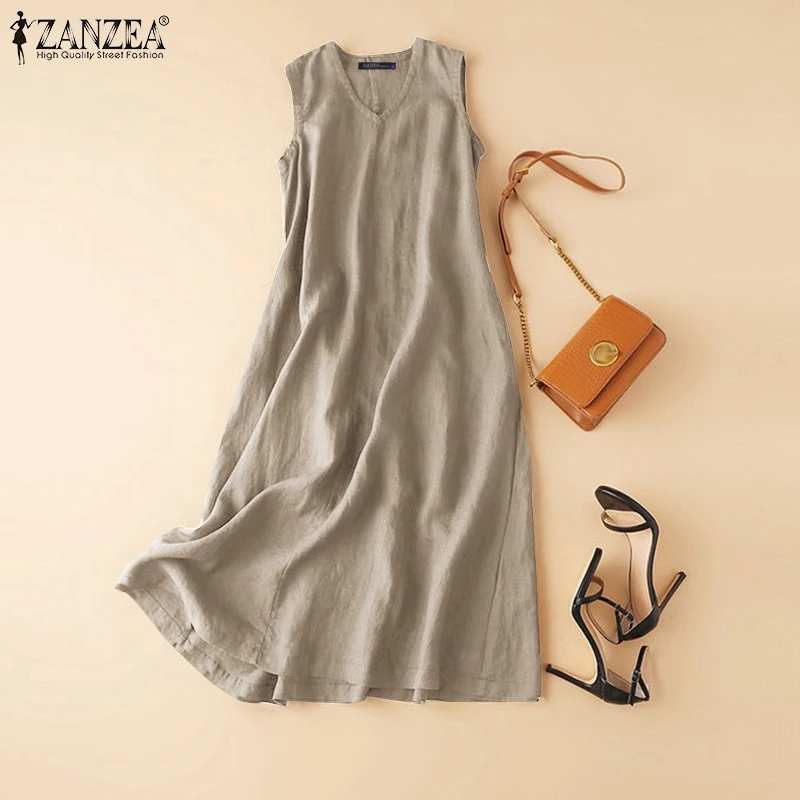 ZANZEA Summer Women's Sleeveless Maxi Dress V-Neck Solid Color Cotton Sundress Casual Loose A-Line Long Dress Woman Clothes 5XL