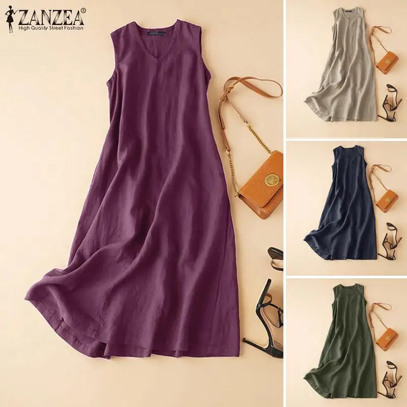 ZANZEA Summer Women's Sleeveless Maxi Dress V-Neck Solid Color Cotton Sundress Casual Loose A-Line Long Dress Woman Clothes 5XL